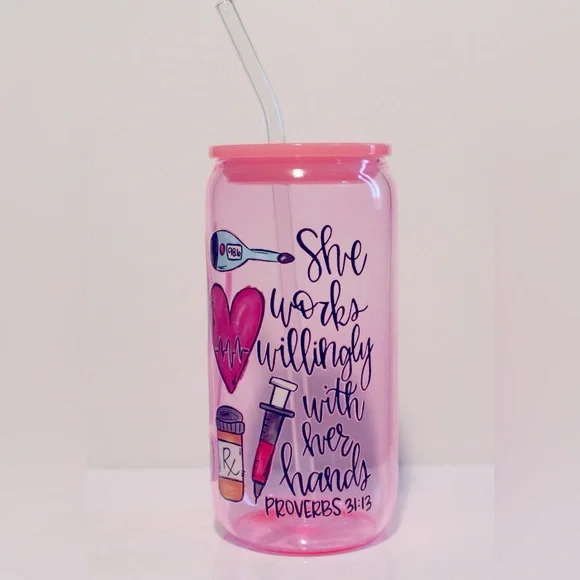 Nurse Life Pink Glass Tumbler β Proverbs 31:13, 16oz with Straw - Picture 1 of 1